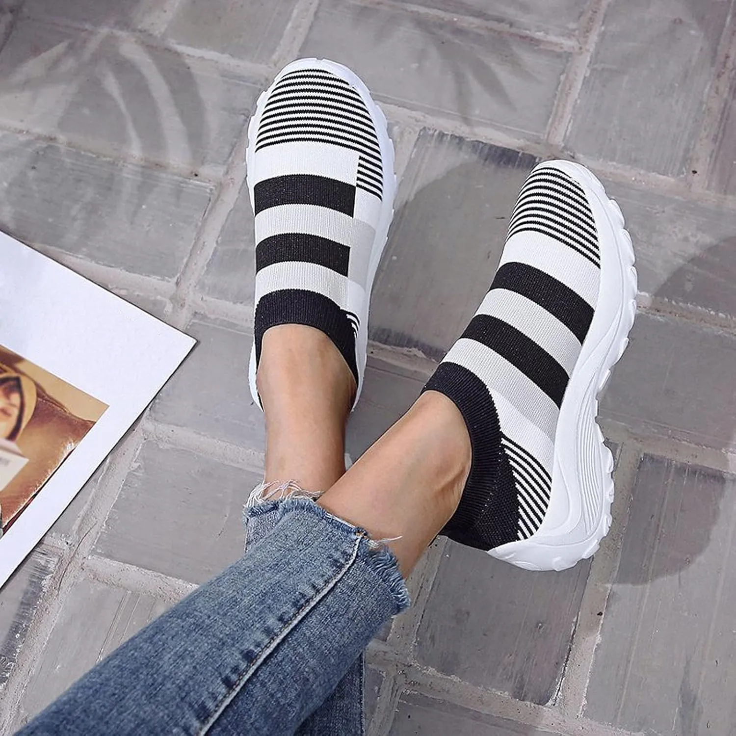 2007 Women's Walking Shoes with Arch Support, Comfortable Fashion Sneakers Casual Shoes Platform Colorblock Slip Ons Running Shoes
