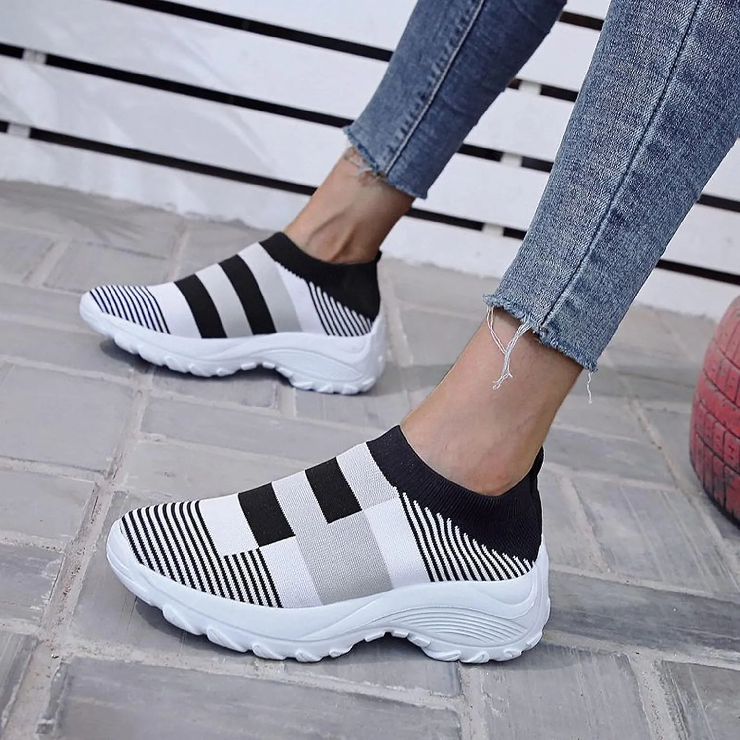 2007 Women's Walking Shoes with Arch Support, Comfortable Fashion Sneakers Casual Shoes Platform Colorblock Slip Ons Running Shoes