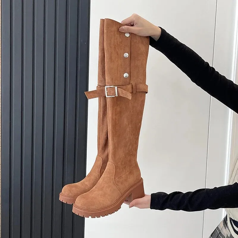 2025 Over-the-Knee Cowboy Boots for Women | Designer Winter Platform Shoes, Fur Suede Wedges, Thigh-High Motorcycle Boots