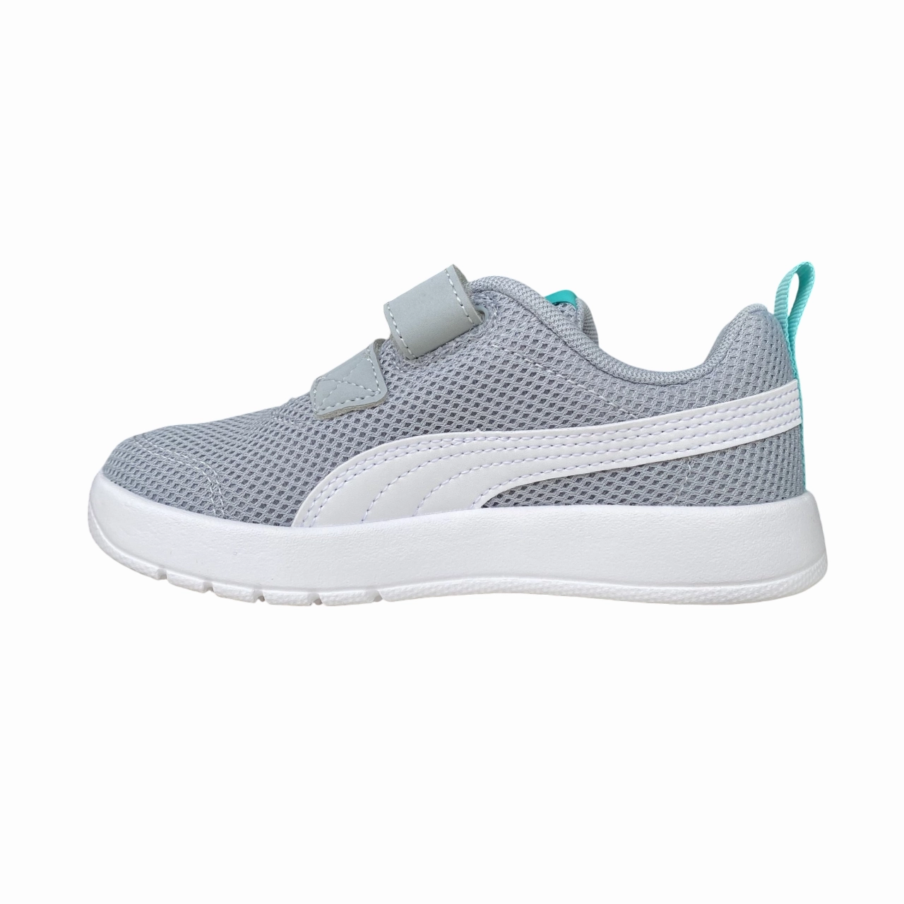 Non Slip Lace Lock Agility - improving Puma scarpa da ginnastica da bambino Courtflex V3 Mesh PS 398085-06 grigio-bianco