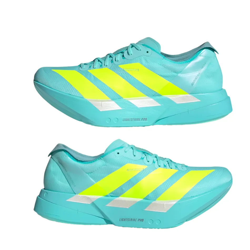 Adidas Men's Adizero Adios Pro 4 Running Shoes in Flash Aqua/Lucid Lemon/Mint Ton AW25 youth use endurance training shoe fitness
