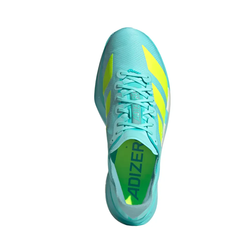 Adidas Men's Adizero Adios Pro 4 Running Shoes in Flash Aqua/Lucid Lemon/Mint Ton AW25 Park running need Wave Spring Plate