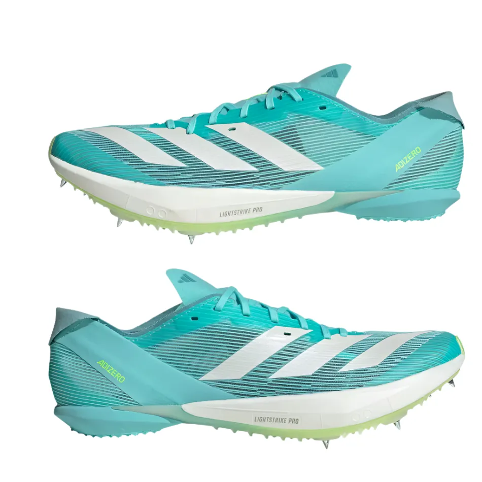 Adidas Unisex Adizero Ambition Track Running Spikes in Flash Aqua/Zero Metalic/Lucid Lemon AW25 Microperforated Upper Ready Anywhere