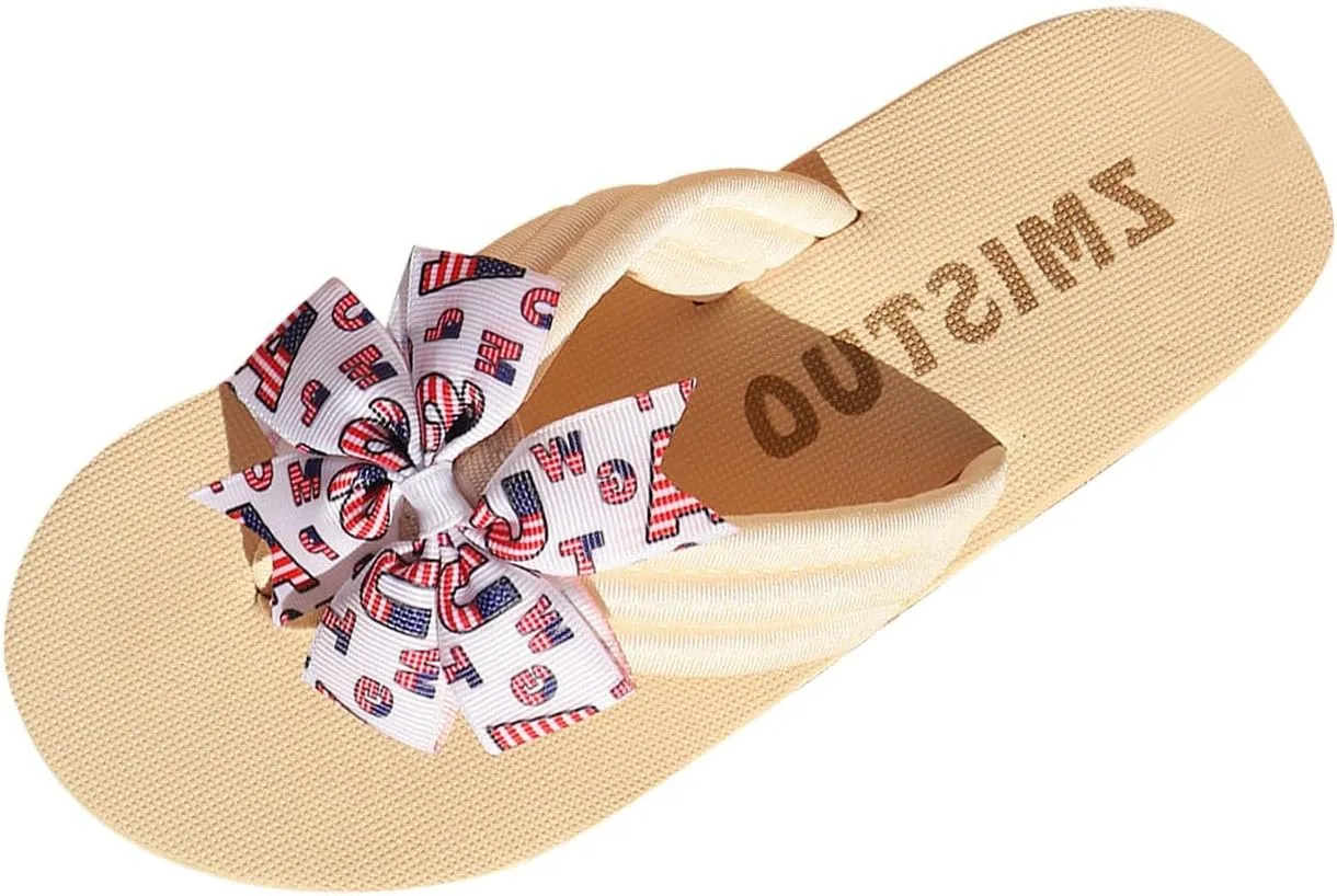 American Flag Patriotic Flip Flops for Women 4th of July Slides Cute Bowknot Thong Sandals USA Flag Beach Slippers