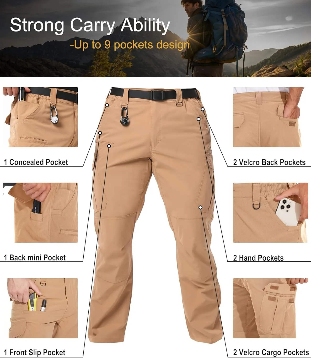Arunlluta Mens Tactical Pants, Ripstop Water Resistant Cargo Work Pants for Men, Stretch Hiking Pants Lightweight