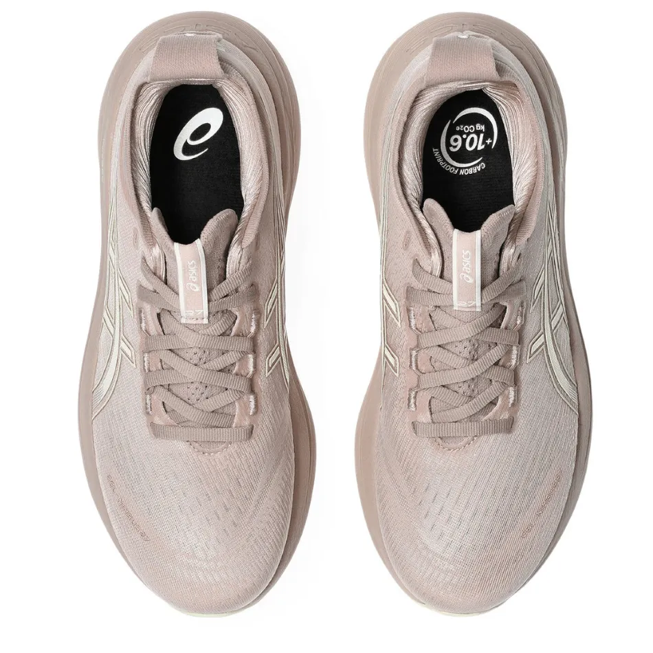 ASICS Women's GEL-NIMBUS 27 Running Shoes in Fawn/Birch AW25 Classy Touch Vegan Friendly Construction