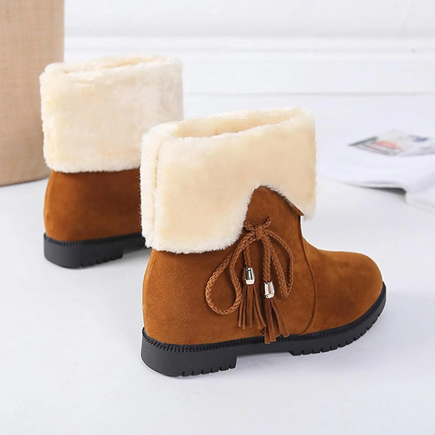 Bcshiye Women's Snow Boot Suede Warm Fur Lined Anti-Slip Boot Chunky Low Heel Round Toe Winter Snow Ankle Booties