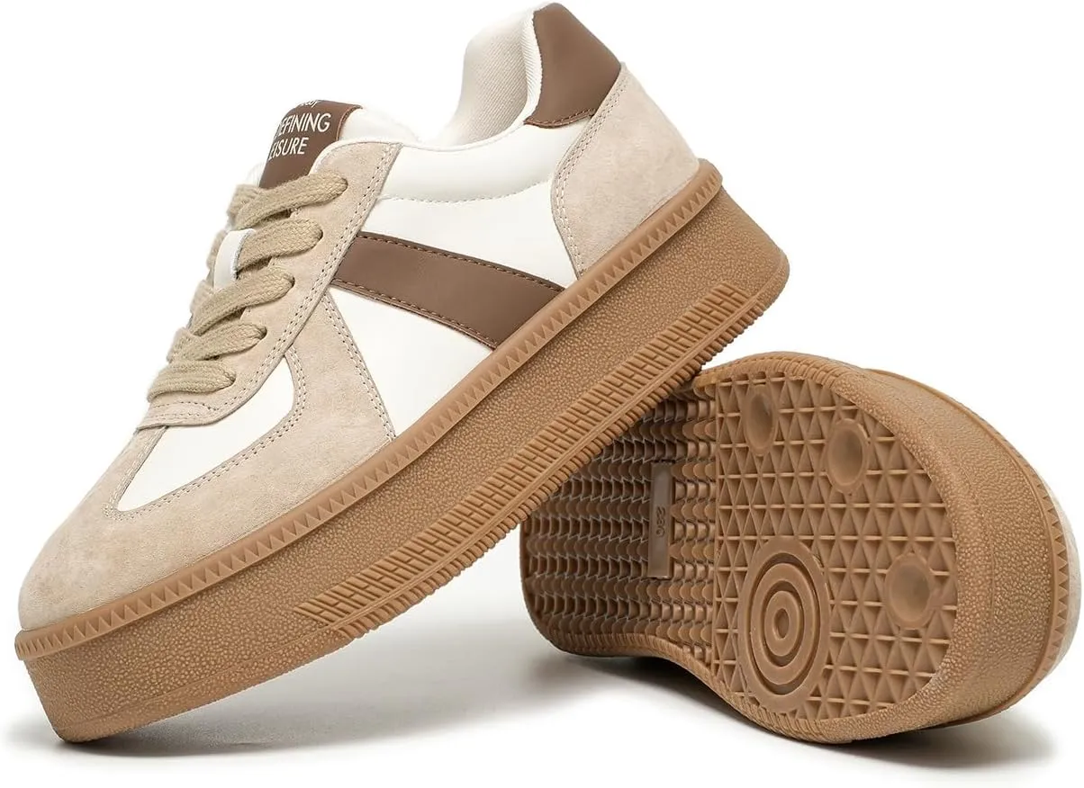 BEAU TODAY Womens Platform Retro Sneakers, Fashion Sneakers for Women, Casual Suede Leather Sneakers, Comfortable Lace Up Non-Slip Walking Tennis Trainer Shoes