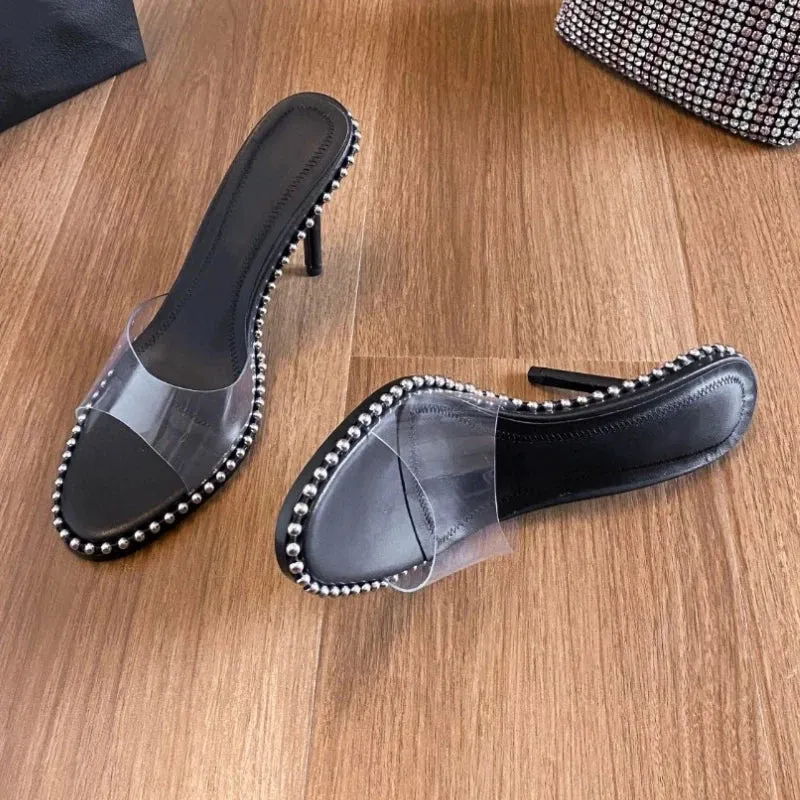 binfenxie  -  Black Studds High Heels Slippers Ladies Brand Designer Summer Transparent Strappy Shoes for Women Pink Party Pumps Chinelos