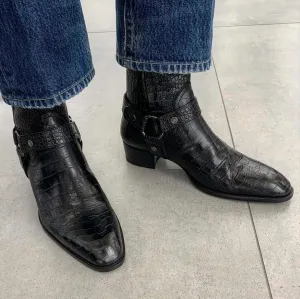 Black Crocodile Print Leather Ravien Harness Chelsea Boots - Cowboy Edition
