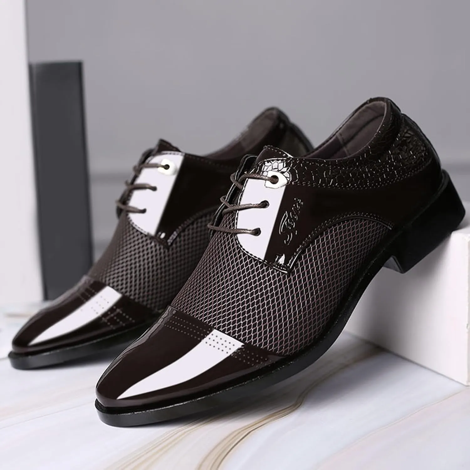 Black Dress Shoes for Men Slip On Men Breathable Business Formal Casual Pointed Toe Shiny Lace Up Patchwork Leather Shoes Lacing Dress Shoes