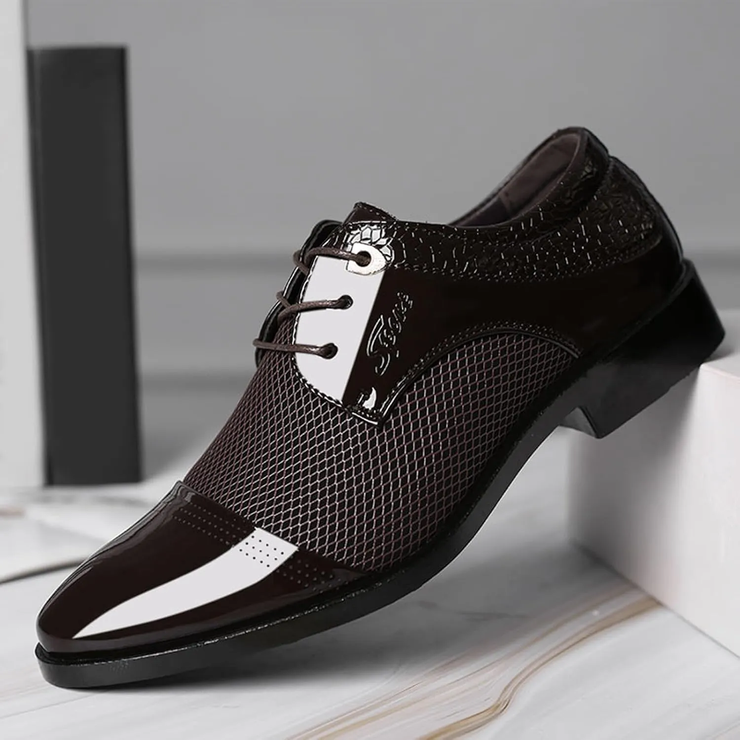 Black Dress Shoes for Men Slip On Men Breathable Business Formal Casual Pointed Toe Shiny Lace Up Patchwork Leather Shoes Lacing Dress Shoes