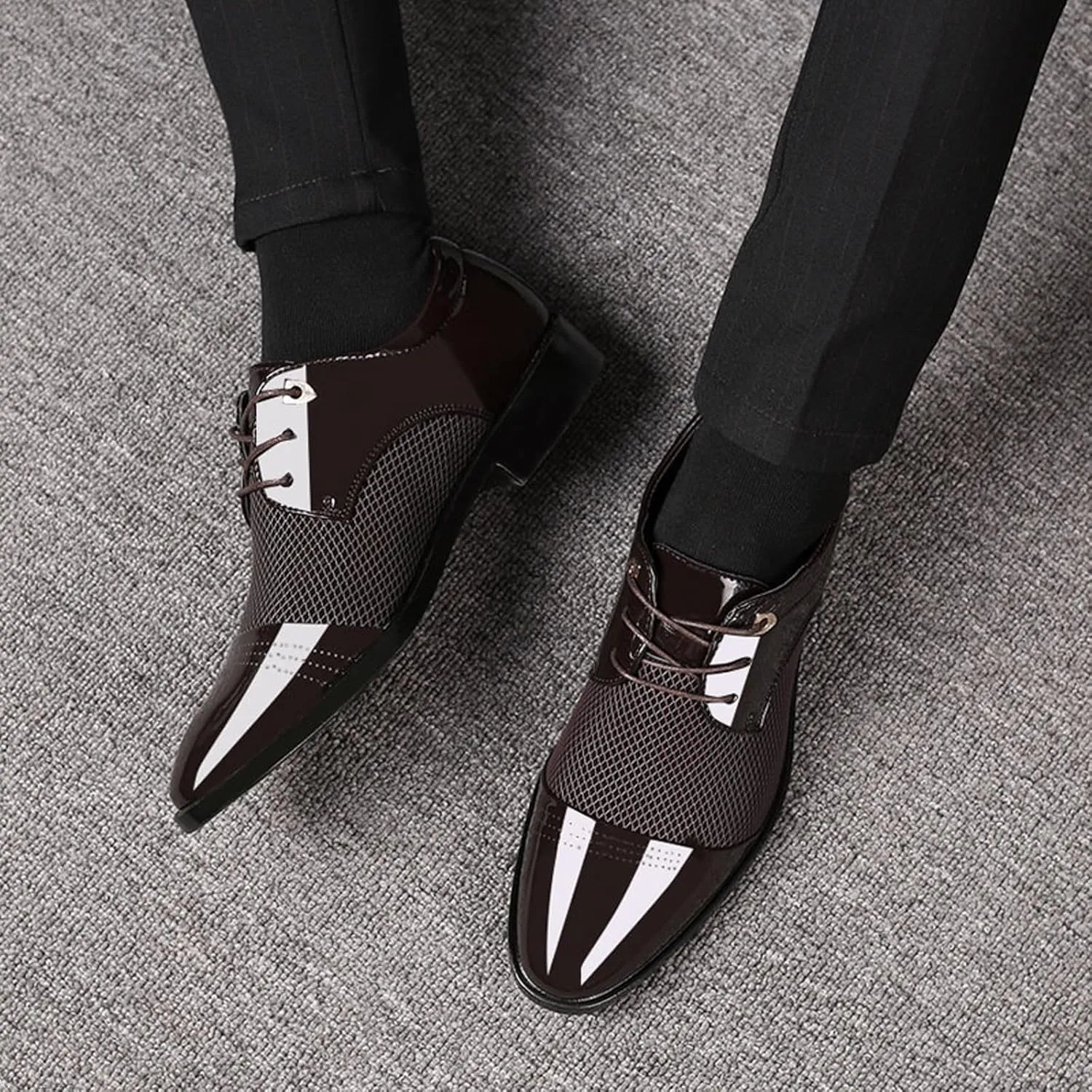 Black Dress Shoes for Men Slip On Men Breathable Business Formal Casual Pointed Toe Shiny Lace Up Patchwork Leather Shoes Lacing Dress Shoes