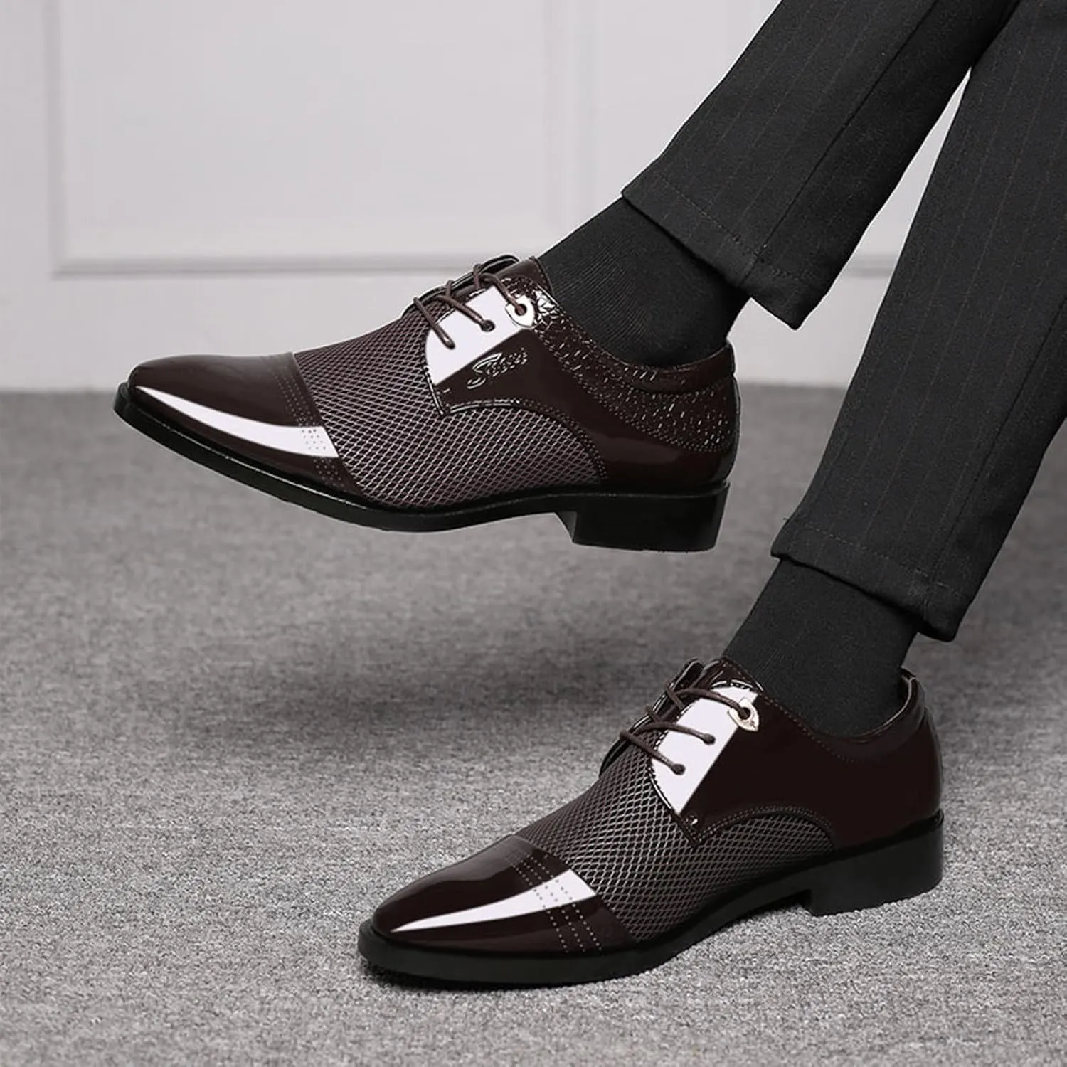 Black Dress Shoes for Men Slip On Men Breathable Business Formal Casual Pointed Toe Shiny Lace Up Patchwork Leather Shoes Lacing Dress Shoes