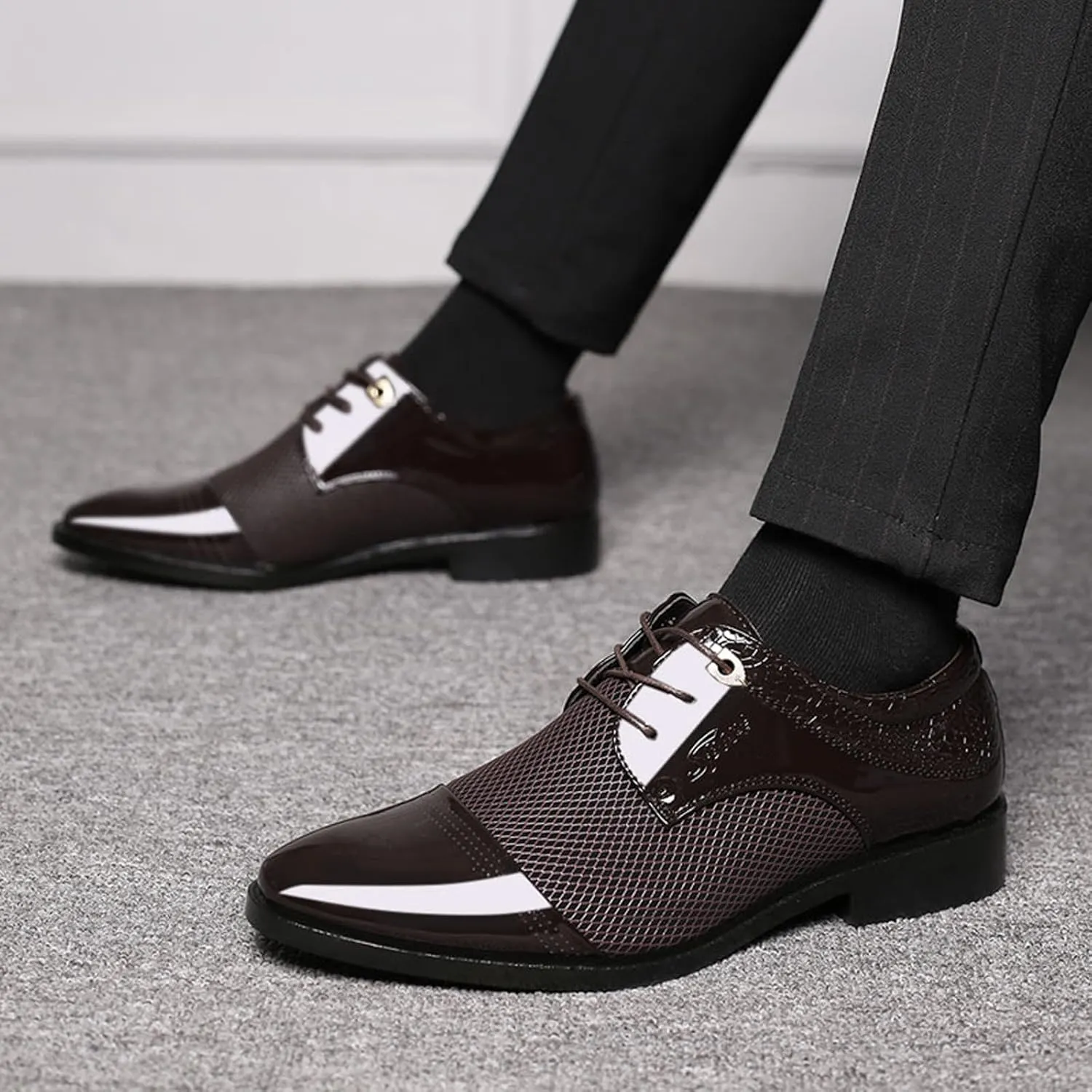 Black Dress Shoes for Men Slip On Men Breathable Business Formal Casual Pointed Toe Shiny Lace Up Patchwork Leather Shoes Lacing Dress Shoes