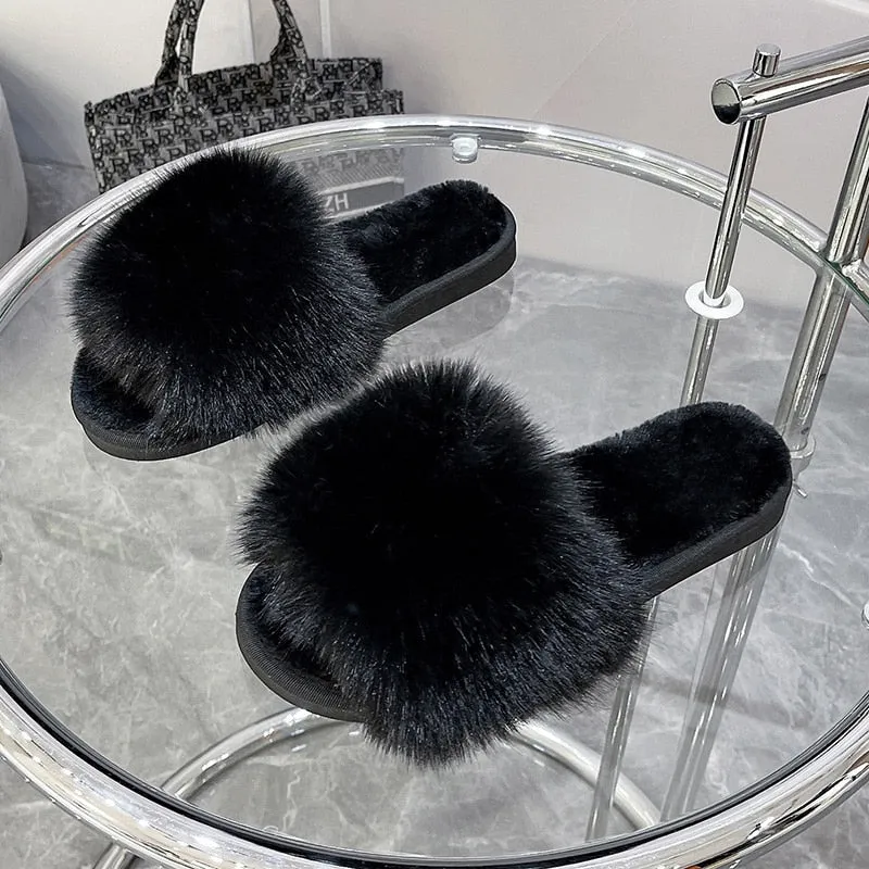 Black Fluffy Womens's Slippers
