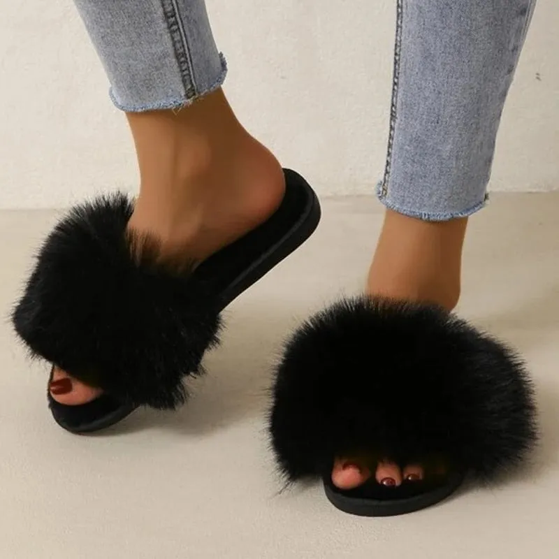 Black Fluffy Womens's Slippers
