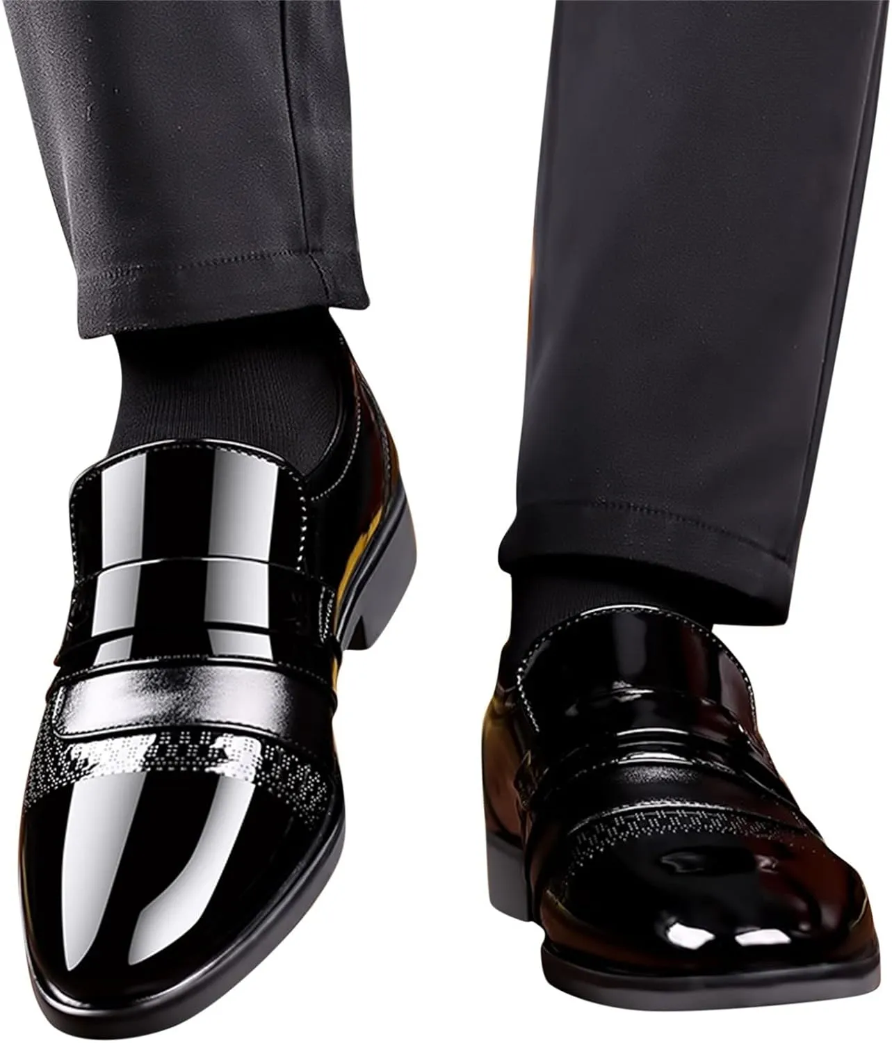 Black Oxfords Shoes for Men Casual Fashion Summer and Autumn Men Leather Shoes Low Heeled Pointed Toe Slip On Business Simple Solid Color Cap Toe Oxfords