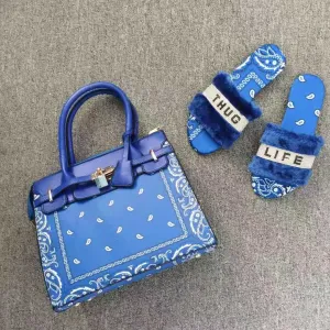 Blue Bandana Print Lock Handbag And Faux Fur Slides Set