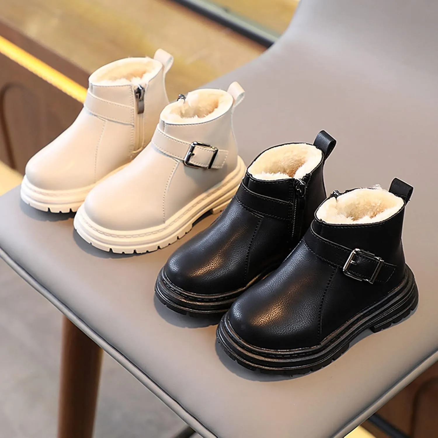Boys Girls Boots Winter Boot Waterproof Warm Faux Fur Lined Shoes Non-Slip Walking Shoes Outdoor Faux Fur Booties