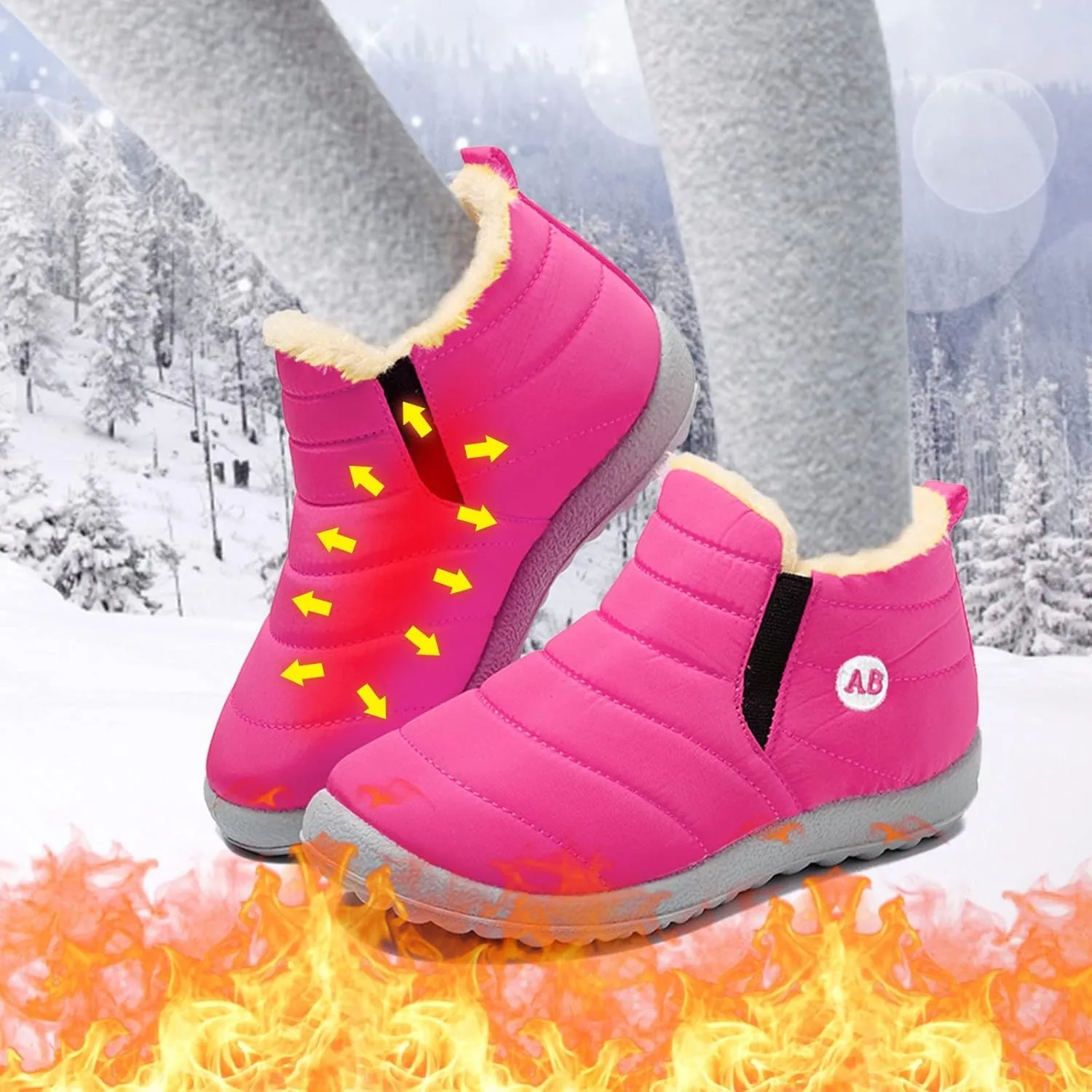 Boys Girls Kids Snow Boots Warm  Lined Slip On Winter Splashing Shoes Lightweight Comfy Outdoor Booties