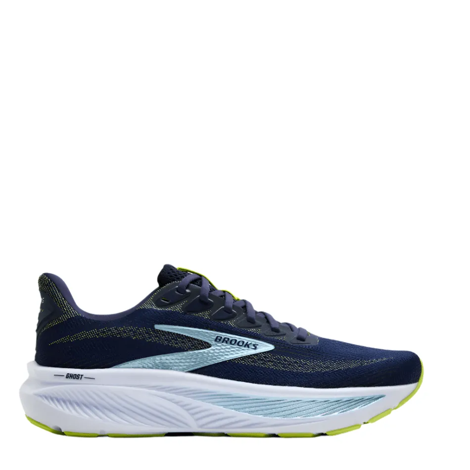Agile Fit gym running shoe scenario Brooks Men's Ghost 17 2E Wide Fit Running Shoes in Peacoat/Lime/Blue AW25