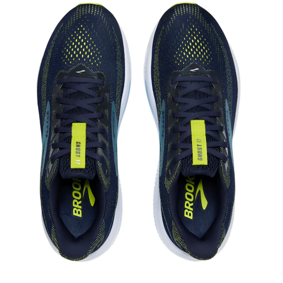 high - impact Brooks Men's Ghost 17 2E Wide Fit Running Shoes in Peacoat/Lime/Blue AW25