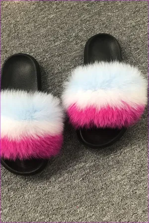 Candy Color Fox Fur Sliders DF003 Blue White Pink