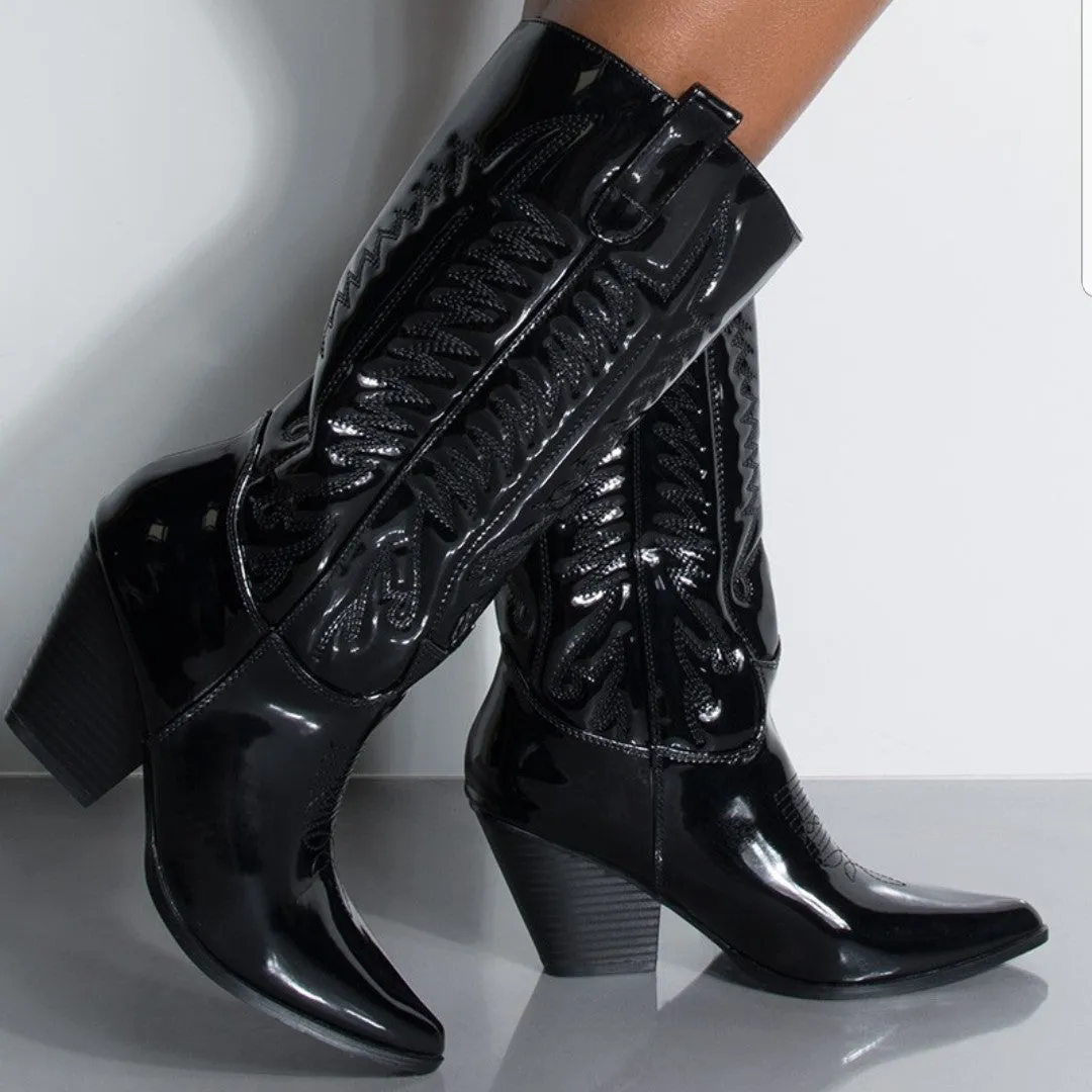 Cape Robbin Southern Belle Western Tall Shaft Pointed Toe Block Heel Cowboy Boot (11, BLACK)
