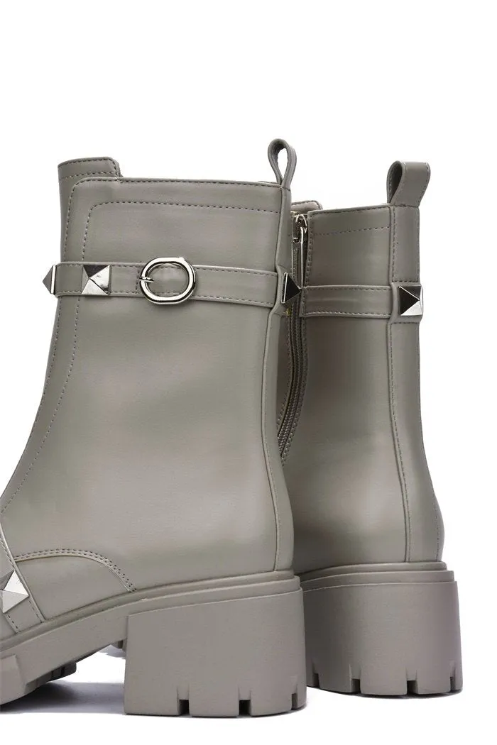 Cape Robbin Yuri Grey Gold Embellished Buckle Strap Block Chunky Heel Moto Boots