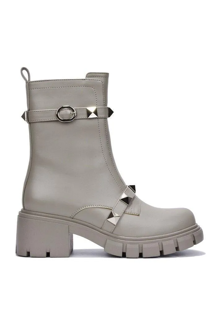 Cape Robbin Yuri Grey Gold Embellished Buckle Strap Block Chunky Heel Moto Boots