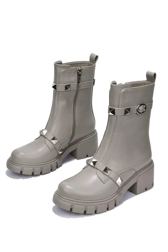 Cape Robbin Yuri Grey Gold Embellished Buckle Strap Block Chunky Heel Moto Boots