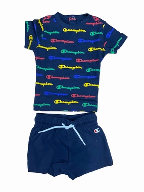 Chill Comfort Look Champion completino da Bimbo Legacy American maglietta e pantaloncino 306303 BL501 NNY blu