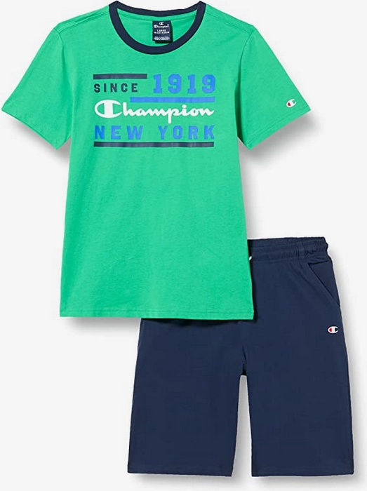 Trendy Vibes Wear Fresh Outfit Champion completino da ragazzo Legacy Graphic T-shirt + Bermuda 306315 GS004 ELG verde-blu