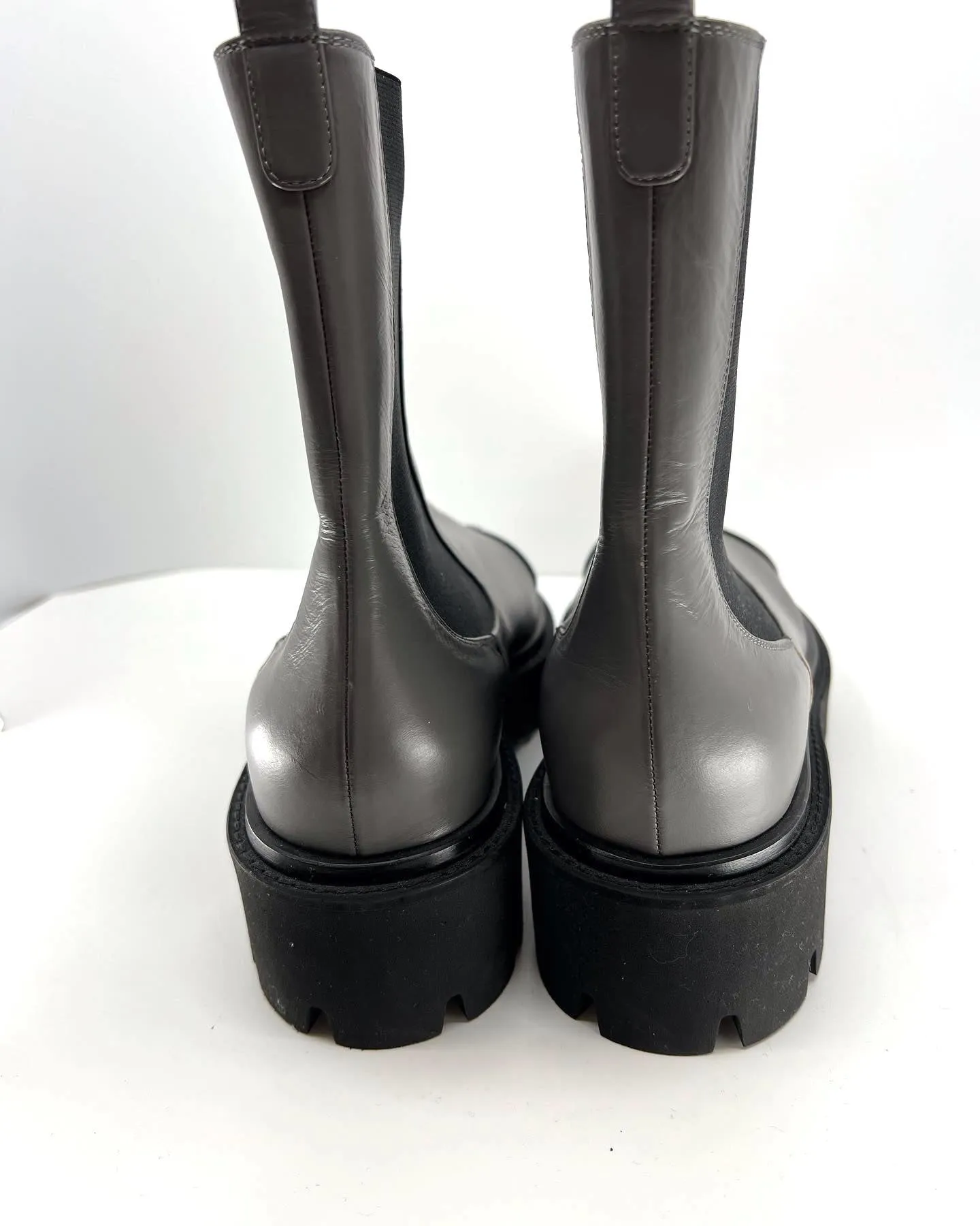 CHANEL CALFSKIN PATENT CAP TOE CC LOGO CHELSEA LEATHER BOOTS