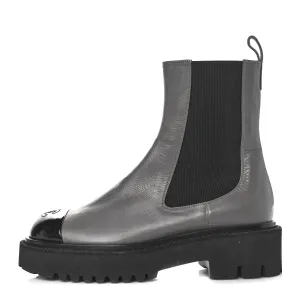 CHANEL CALFSKIN PATENT CAP TOE CC LOGO CHELSEA LEATHER BOOTS