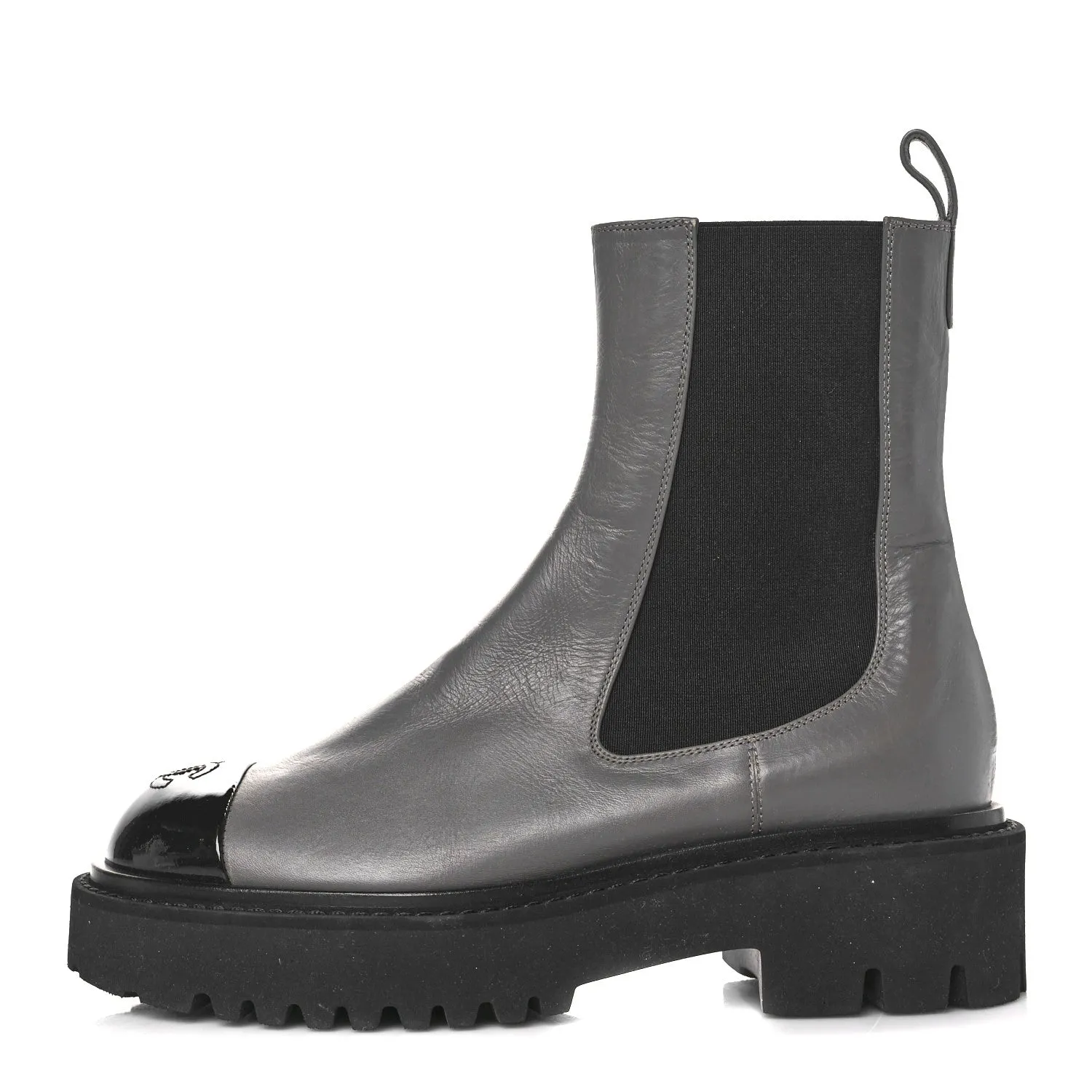 CHANEL CALFSKIN PATENT CAP TOE CC LOGO CHELSEA LEATHER BOOTS