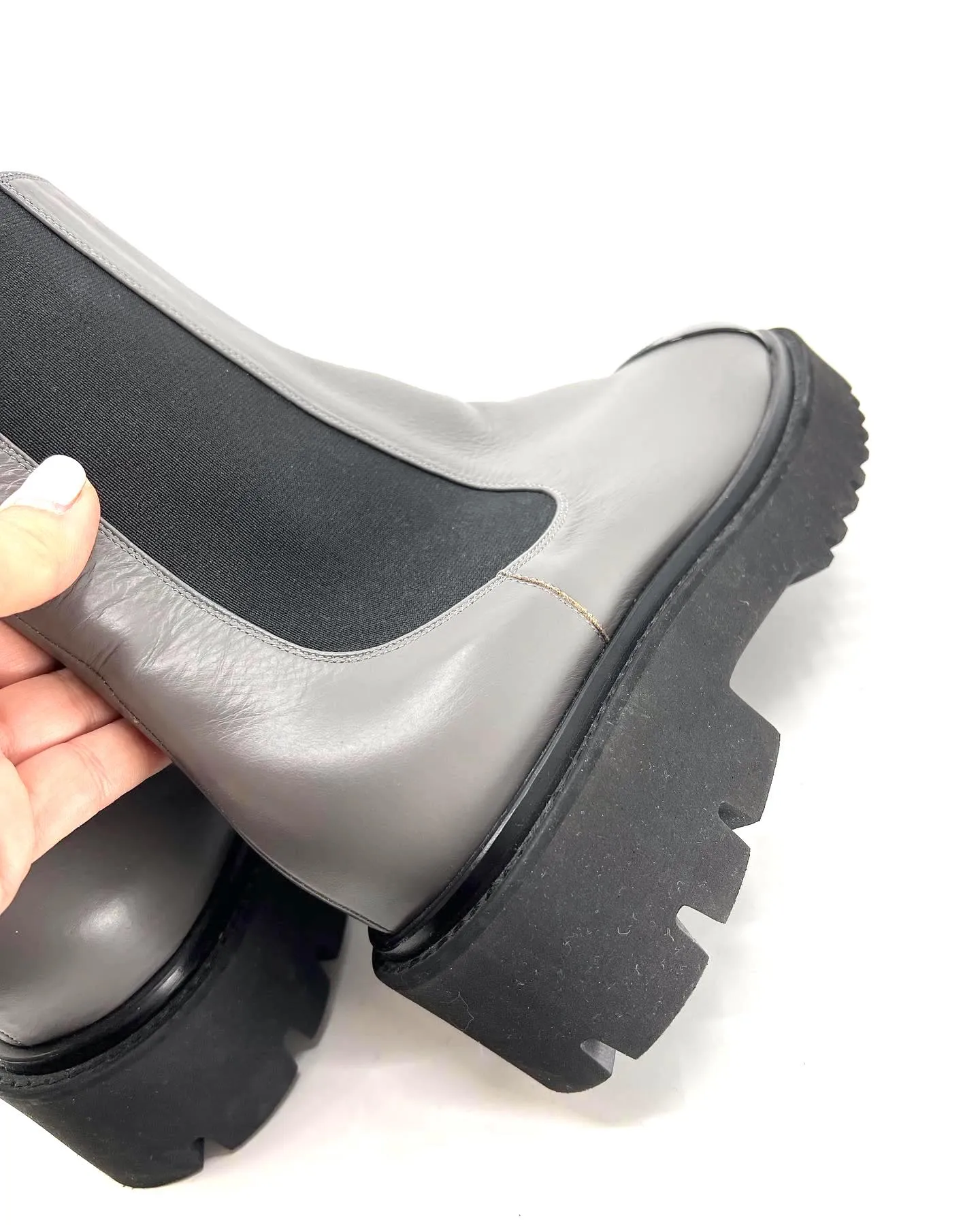 CHANEL CALFSKIN PATENT CAP TOE CC LOGO CHELSEA LEATHER BOOTS