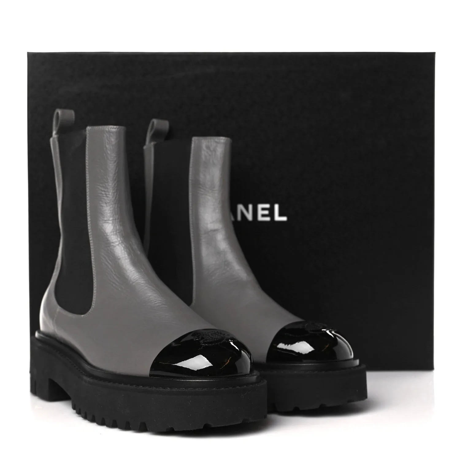 CHANEL CALFSKIN PATENT CAP TOE CC LOGO CHELSEA LEATHER BOOTS
