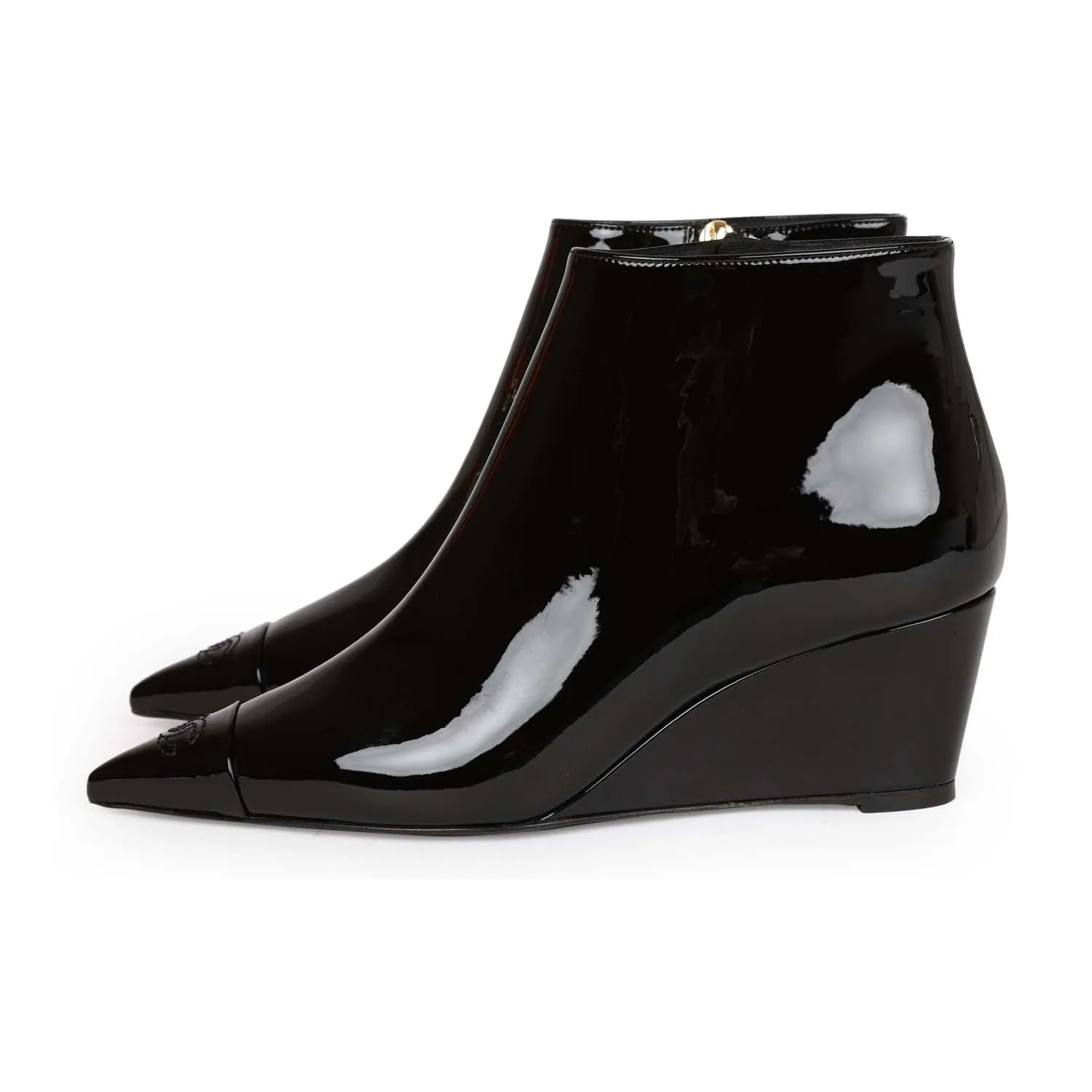 Chanel CC Wedge Ankle Boots Black Patent Leather 36.5