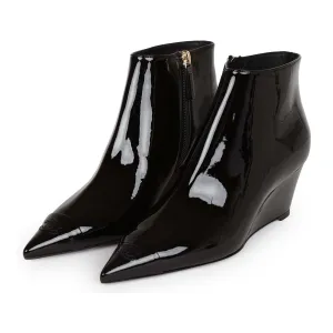Chanel CC Wedge Ankle Boots Black Patent Leather 36.5
