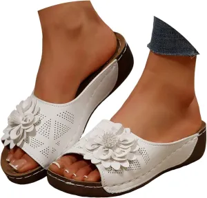 Chic Flowers Orthopedic Sandals for Women,Orthopedic Wedge Sandals for Women Arch Support Fish Mouth Open Toe Leather Slippers,Leather Floral Breathable Slide Sandals,Wedge Platform Shoes