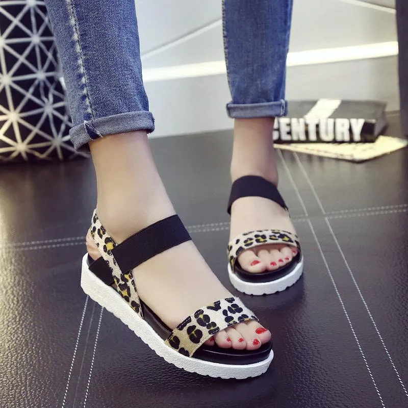 Chicvane Leopard Printed Round Toe Elastic Band Platform Sandals