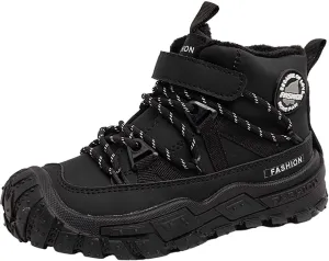 Childrens Chunky Sole Slip On Booties With Lace-Up Kids Boys Fuzzy Fleece Lined Warm Short Boots Winter Outdoor Shoes
