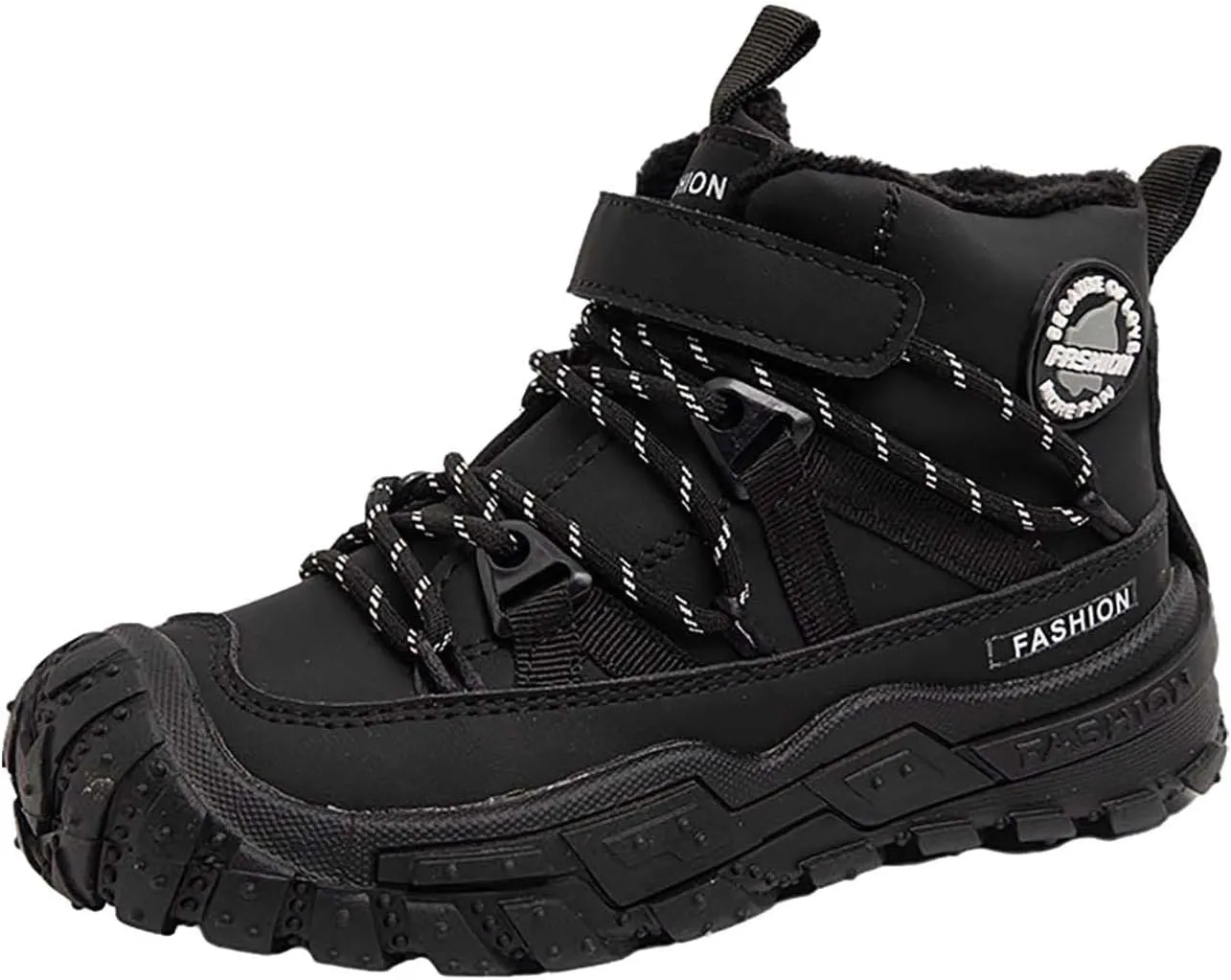 Childrens Chunky Sole Slip On Booties With Lace-Up Kids Boys Fuzzy Fleece Lined Warm Short Boots Winter Outdoor Shoes