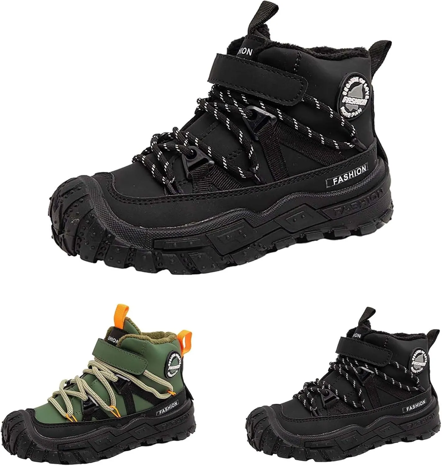 Childrens Chunky Sole Slip On Booties With Lace-Up Kids Boys Fuzzy Fleece Lined Warm Short Boots Winter Outdoor Shoes
