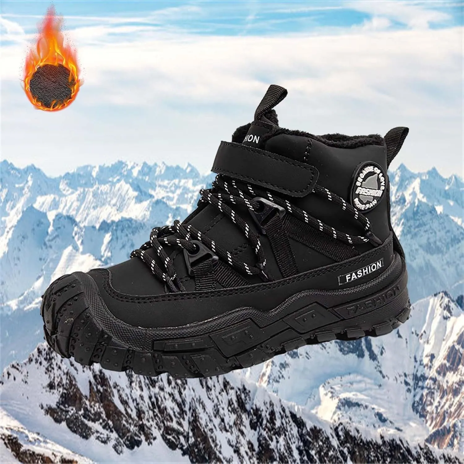 Childrens Chunky Sole Slip On Booties With Lace-Up Kids Boys Fuzzy Fleece Lined Warm Short Boots Winter Outdoor Shoes