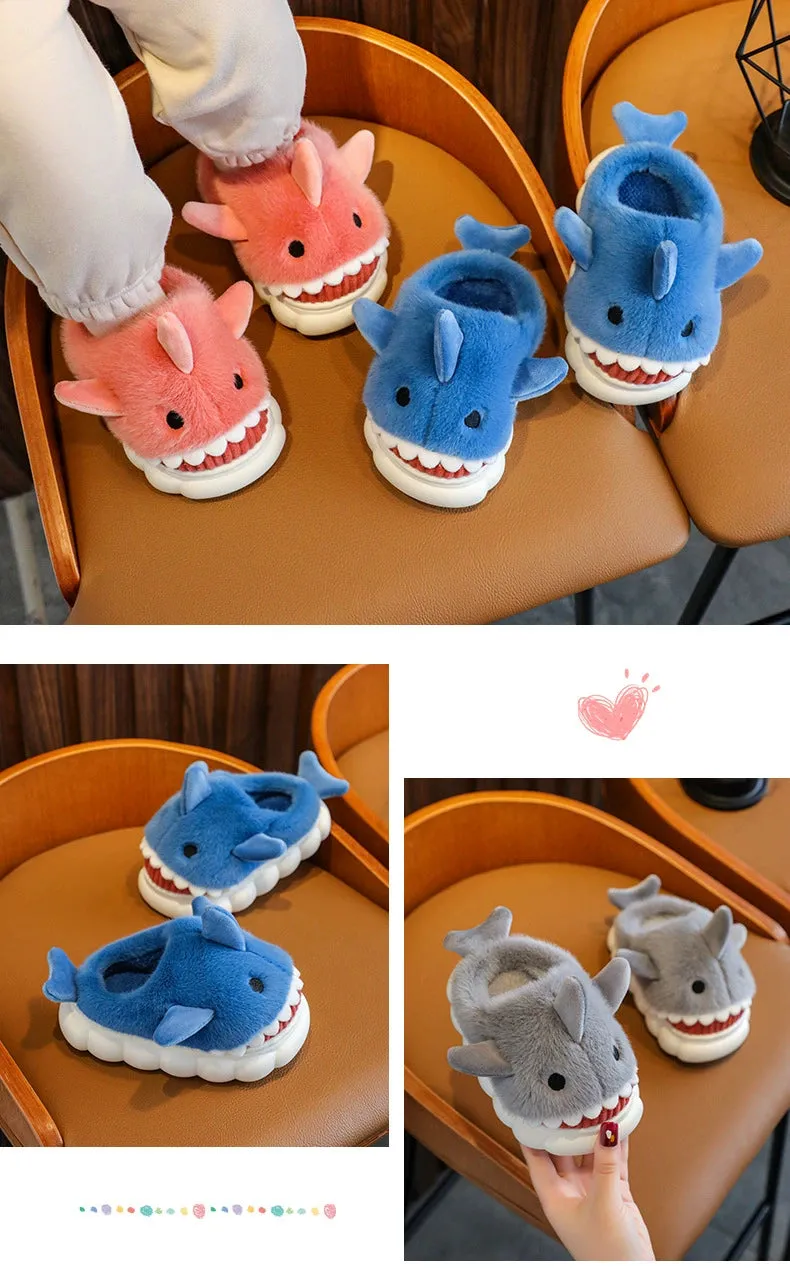 Children's Waterproof Cotton Slippers with Cute Shark Pattern - Non-Slip Indoor Footwear for Autumn and Winter
