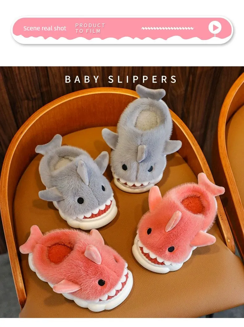 Children's Waterproof Cotton Slippers with Cute Shark Pattern - Non-Slip Indoor Footwear for Autumn and Winter