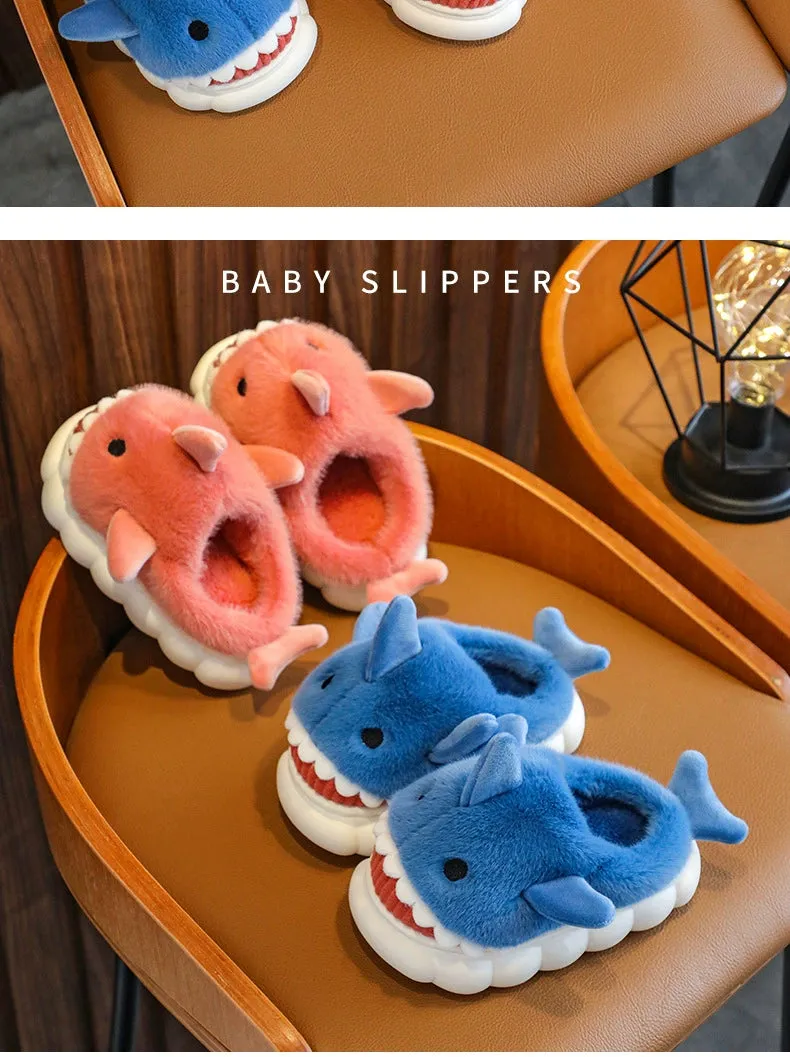 Children's Waterproof Cotton Slippers with Cute Shark Pattern - Non-Slip Indoor Footwear for Autumn and Winter